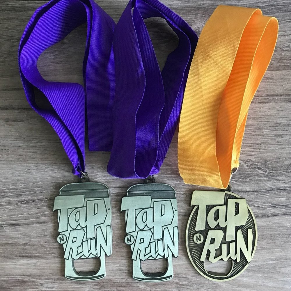 EUC Lot of 3 Tap N' Run 4K Beer Run Medal Metal Bottle Openers Ribbon Hangers